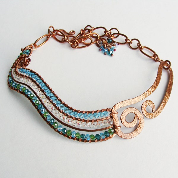 RIVER - Curvy Crystal and Hammered Copper Aqua Green Statement Necklace