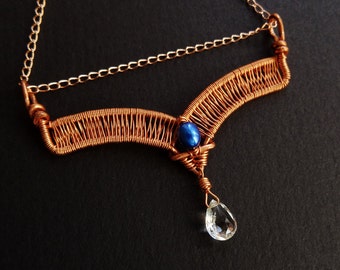 Woven Copper Chevron Necklace with Prasiolite & Pearl