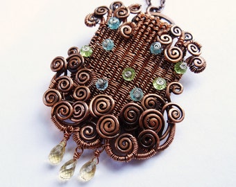 Woven Copper Pendant with Peridot Apatite Citrine Spirals