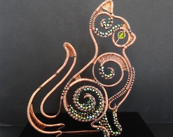 Wire Sculpture Flat Cat Copper Woven Wrapped Crystals