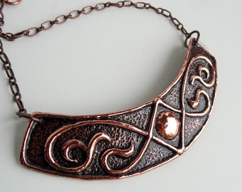 Hammered Copper Repousse Collar & Earrings, Circle in Diamond, Vines, Renaissance, Statement, Arc, Choker