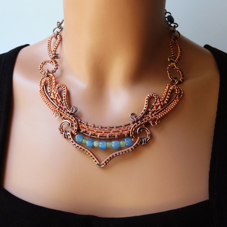 Dance Copper Wire Wrapped Statement Necklace Blue Green Etsy