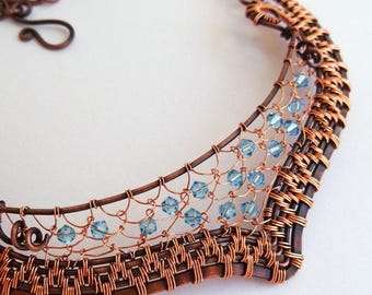 Fabulous Woven Netted Copper & Crystal Collar Aqua OOAK Statement Necklace