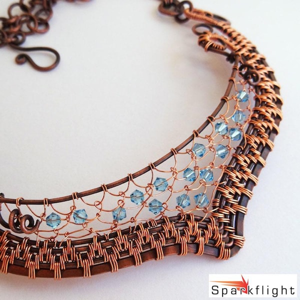 Fabulous Woven Netted Copper & Crystal Collar Aqua OOAK Statement Necklace