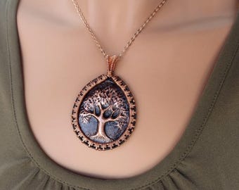 Tree of Life Copper Repousse Wire Wrapped Pendant Necklace
