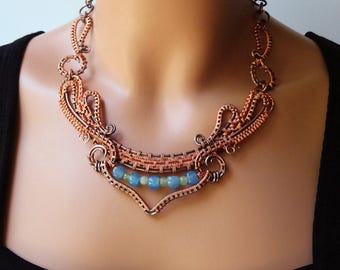 Dance - Copper Wire Wrapped Statement Necklace Blue Green Flowing Woven