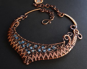 Fabulous Woven Copper & Crystal Collar Aqua OOAK Statement Necklace Netting