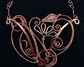 Copper Fantasia Statement Necklace Sealed Floral Vine Wire Woven Hammered