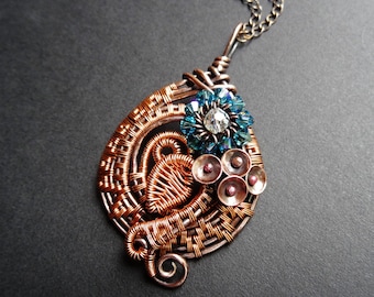 POSIE Copper Crystal Woven Wire Wrapped Flower Pendant Necklace