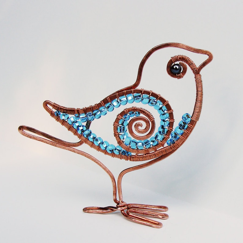 Flat Bird Copper Wire Sculpture Blue Beads Wire Wrapped Etsy