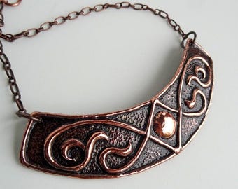 Hammered Copper Repousse Collar & Earrings, Circle in Diamond, Vines, Renaissance, Statement, Arc, Choker