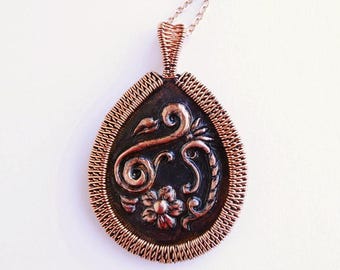 Romantic Repousse Flower Wire Wrapped Copper Pendant Necklace OOAK