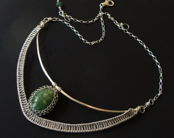 Sterling Silver & Green Gemstone Collar Hammered Netted Statement