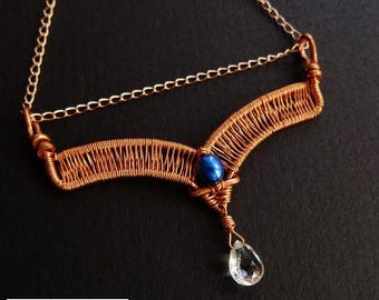 Woven Copper Chevron Necklace with Prasiolite & Pearl