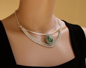 Sterling Silver & Green Gemstone Collar Hammered Netted Statement