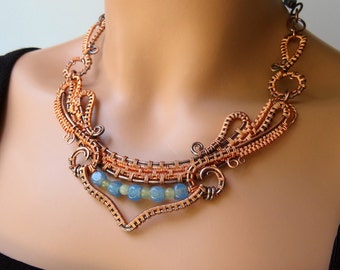 Dance - Copper Wire Wrapped Statement Necklace Blue Green Flowing Woven