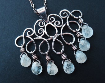 Icy Drops Aquamarine Romantic Swirling Sterling Pendant Necklace