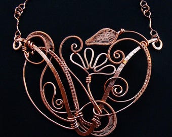 Copper Fantasia Statement Necklace Sealed Floral Vine Wire Woven Hammered