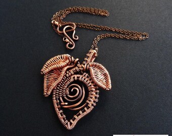 Flower Bud & Leaves Woven Copper Necklace Wire Wrapped