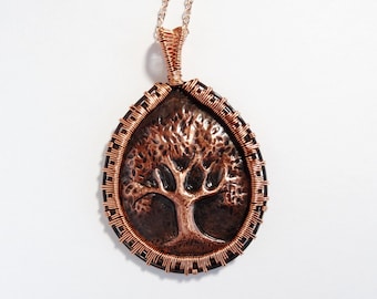 Tree of Life Copper Repousse Wire Wrapped Pendant Necklace