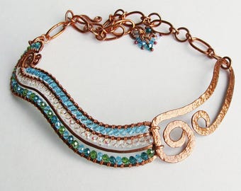 RIVER - Curvy Crystal and Hammered Copper Aqua Green Statement Necklace
