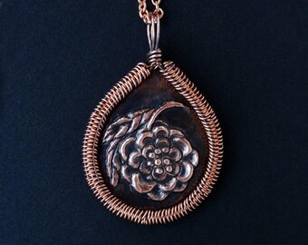 Plum Blossom Copper Repousse Fine Art Wire Wrapped Pendant Necklace OOAK Flower Woven
