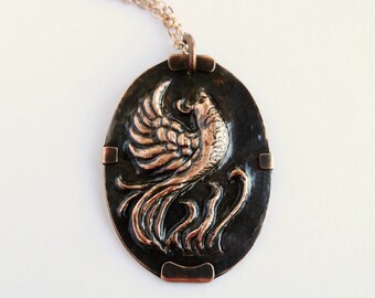 Phoenix Rising Copper Repousse Pendant Necklace OOAK Firebird