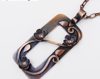 Flower Frame Copper Rectangle Pendant Necklace OOAK