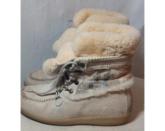 Vintage Tecnica Ski Bunny Snow Boots Cream Suede Fur Embroidered Italy 38 7 7.5