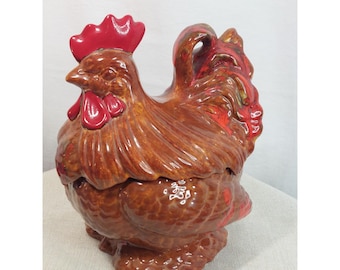 Vintage Rooster Hen Cookie Jar Brown Red Glazed Cottage Core Rustic Farm Decor