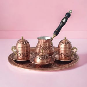 Juego de café turco de cobre artesanal con cezve y tazas, elegante regalo de café árabe, regalo de inauguración de la casa o boda, regalo rústico de Navidad.
