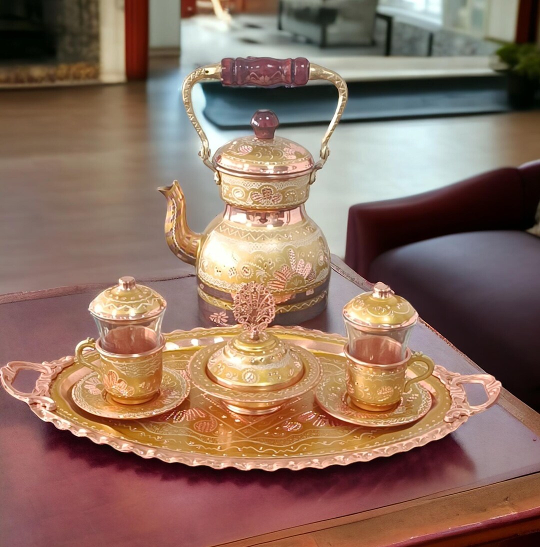 Handcrafted Turkish Copper Tea Set: Elegant Tea Glasses & Teapot - Etsy