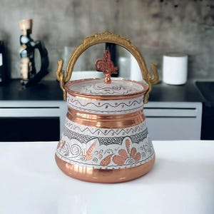 Handcrafted Turkish Copper Bucket with Lid: Ornate Floral Decor, Ornate Floral Design, Rustic Home Decor, Copper Decor