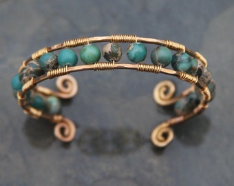 Brass and jasper cuff bracelet