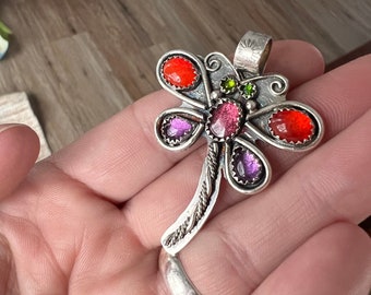 Silver and multi gemstone dragonfly pendant