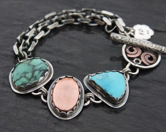 variscite, turquoise, copper, and sterling silver metalwork link bracelet