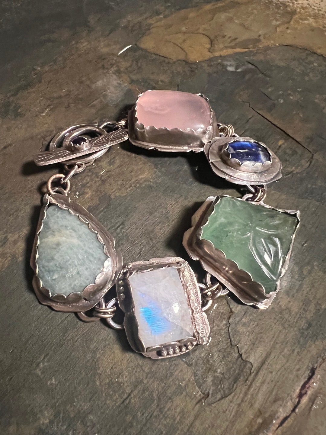 Rose Quartz, Kyanite, Fluorite, Moonstone, Aquamarine, Amethyst, and