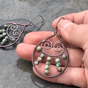 copper and turquoise wire wrapped tear drop hoops