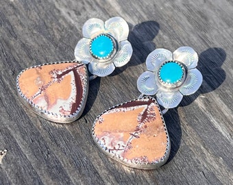 Turquoise, Sonoran dendrite and sterling silver post earrings