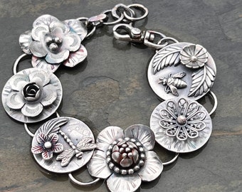 sterling silver metalwork link bracelet ~ primavera flowers