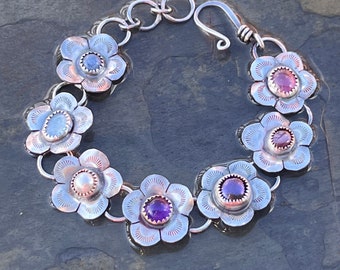 Artisan OOAK multi precious gem and sterling silver flower bracelet