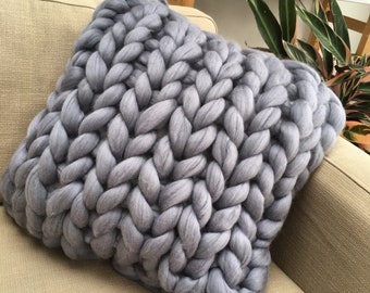 Hand knitted chunky wool cushion, 50cm square – jumbo 100% merino wool
