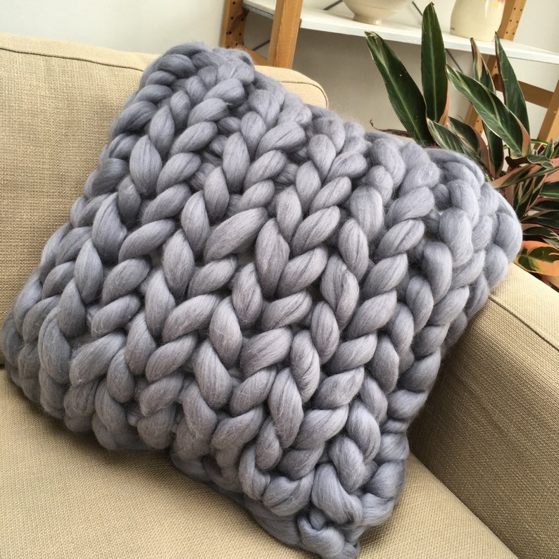 Hand knitted chunky wool cushion, 50cm square jumbo 100% merino wool image 2