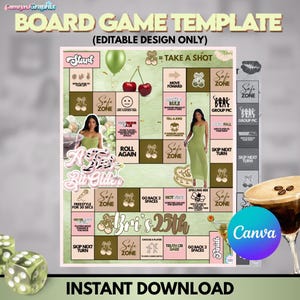 Könnte beinhalten: Eine Brettspielvorlage mit dem Titel A Bit Older und Bri's 25th, die ein Rasterlayout mit verschiedenen Spielanweisungen, Kirschillustrationen und Textaufforderungen zeigt. Das Design umfasst ein grünes und rosa Farbschema.