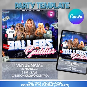 Puede incluir: Un diseño de plantilla de fiesta con el texto "BALLERS vs Baddies" y detalles del evento. El diseño presenta imágenes de personas, billetes de dólar y el logotipo de Canva. Los detalles del evento incluyen el nombre del lugar, la dirección y la hora.