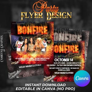 Puede incluir: Un diseño de flyer de fiesta con el texto "BONFIRE Bash" en naranja y amarillo fuego. El flyer incluye imágenes de personas y la fecha "OCTUBRE 14". El diseño también incluye el texto "WEAR WARM CLOTHES!" y "DESCARGA INSTANTÁNEA EDITABLE EN CANVA (NO PRO)".