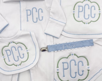 Newborn Baby Boy Coming Home Outfit, Custom Embroidered Monogram Sleeper, Hat, Bib, Burp Cloth, and Blanket with Blue Picot Trim