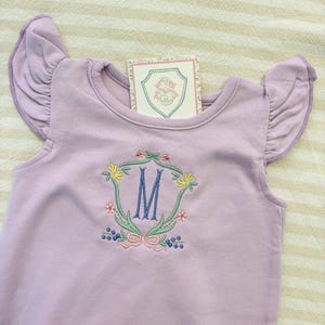 Baby Girl Flutter Sleeve Bubble with Custom Embroidered Flower Crest Monogram