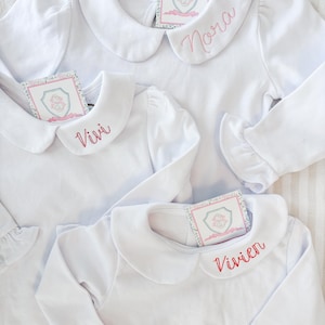 Custom Name Monogram Peter Pan Collar Long Sleeve Ruffle Shirt & Onesie for Little Girls, Toddler, and Baby