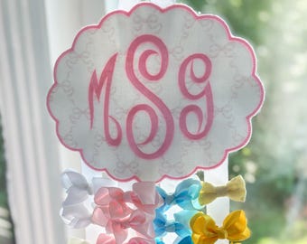 Embroidered Monogram Bow Holder: Scalloped Nursery Organizer